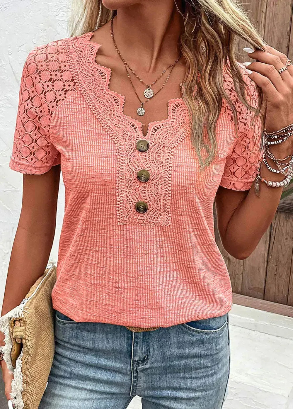 Orange Lace Short Sleeve V Neck T Shirt