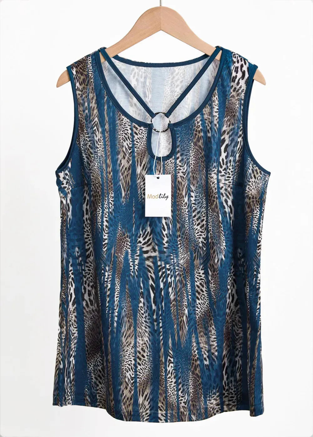 Peacock Blue Circular Ring Leopard Sleeveless Tank Top