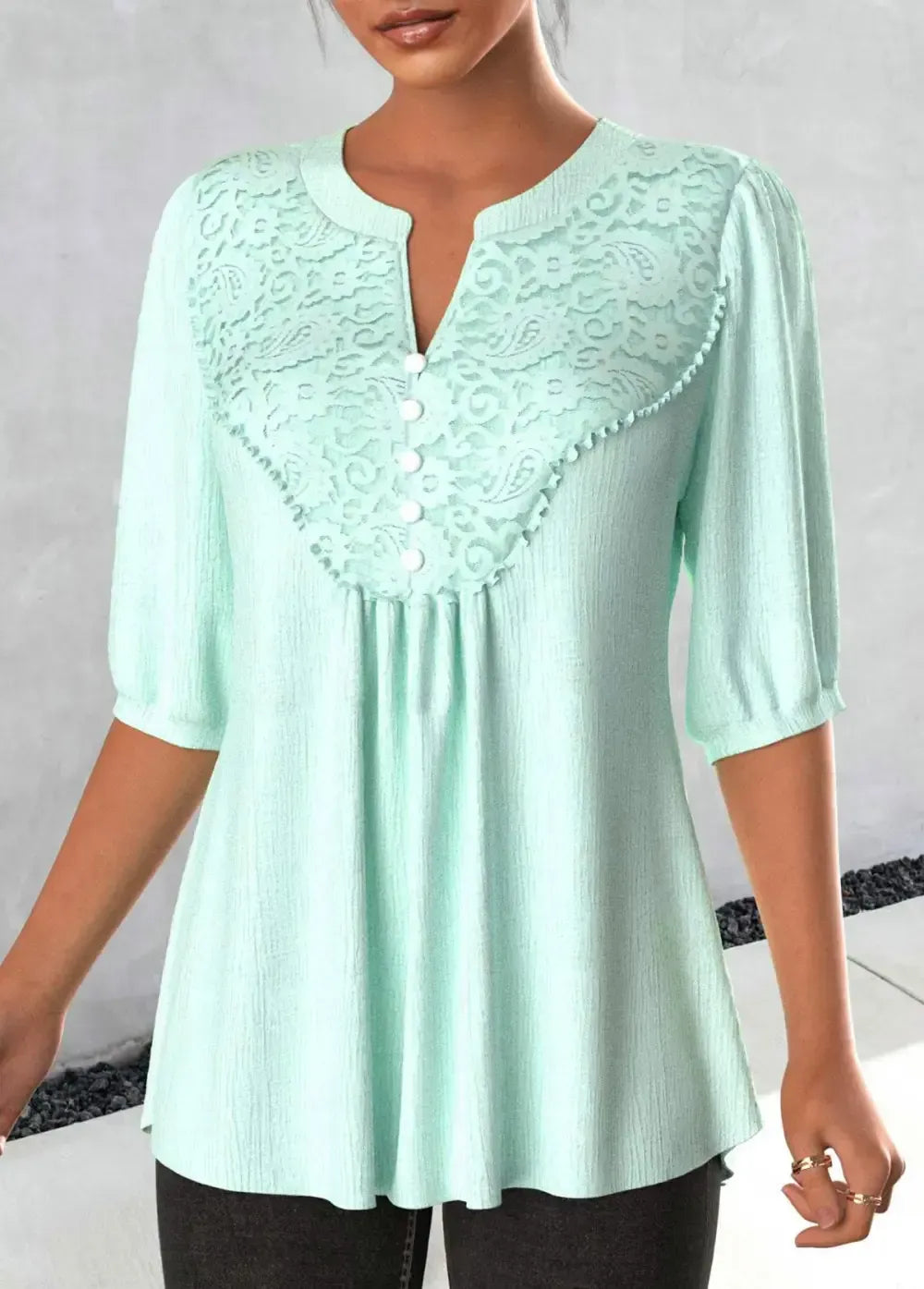 Light Green Lace 3/4 Sleeve Split Neck Blouse