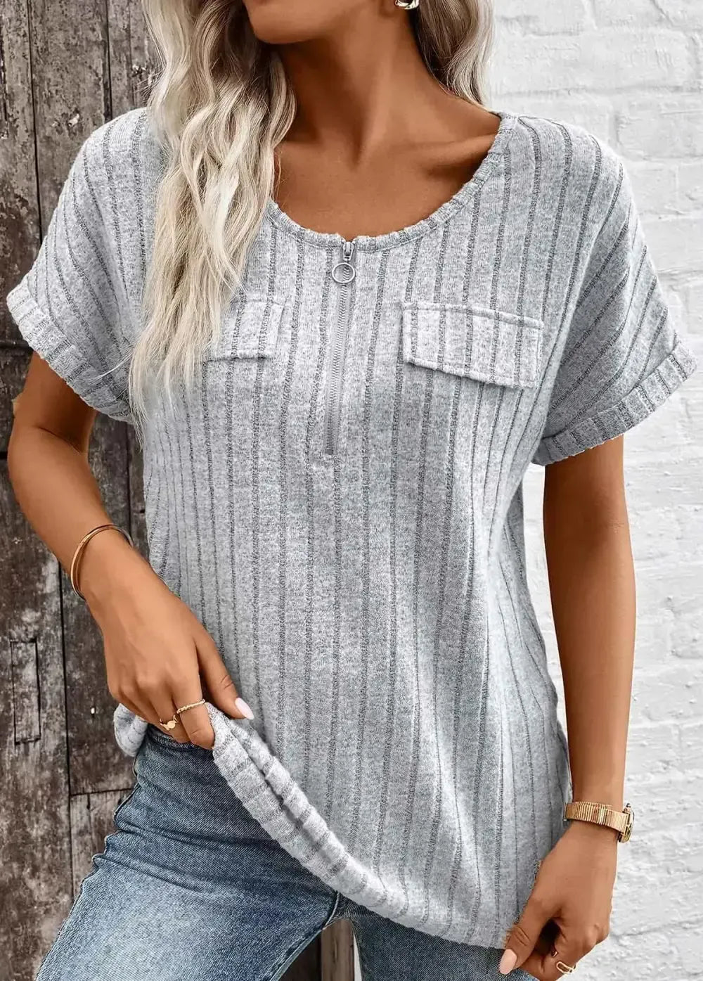 Light Grey Marl Zipper Short Sleeve V Neck Blouse