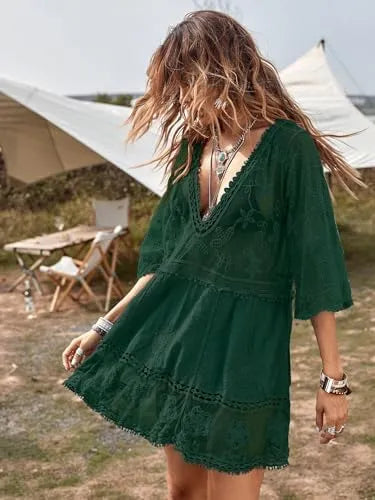 Women's Contrast Lace Bathing Suit Cover Up V-Neck Swimsuit Coverups Loose Swimwear Beach Dress Beachwear