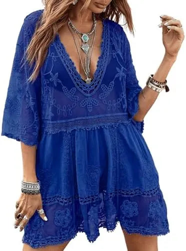 Women's Contrast Lace Bathing Suit Cover Up V-Neck Swimsuit Coverups Loose Swimwear Beach Dress Beachwear