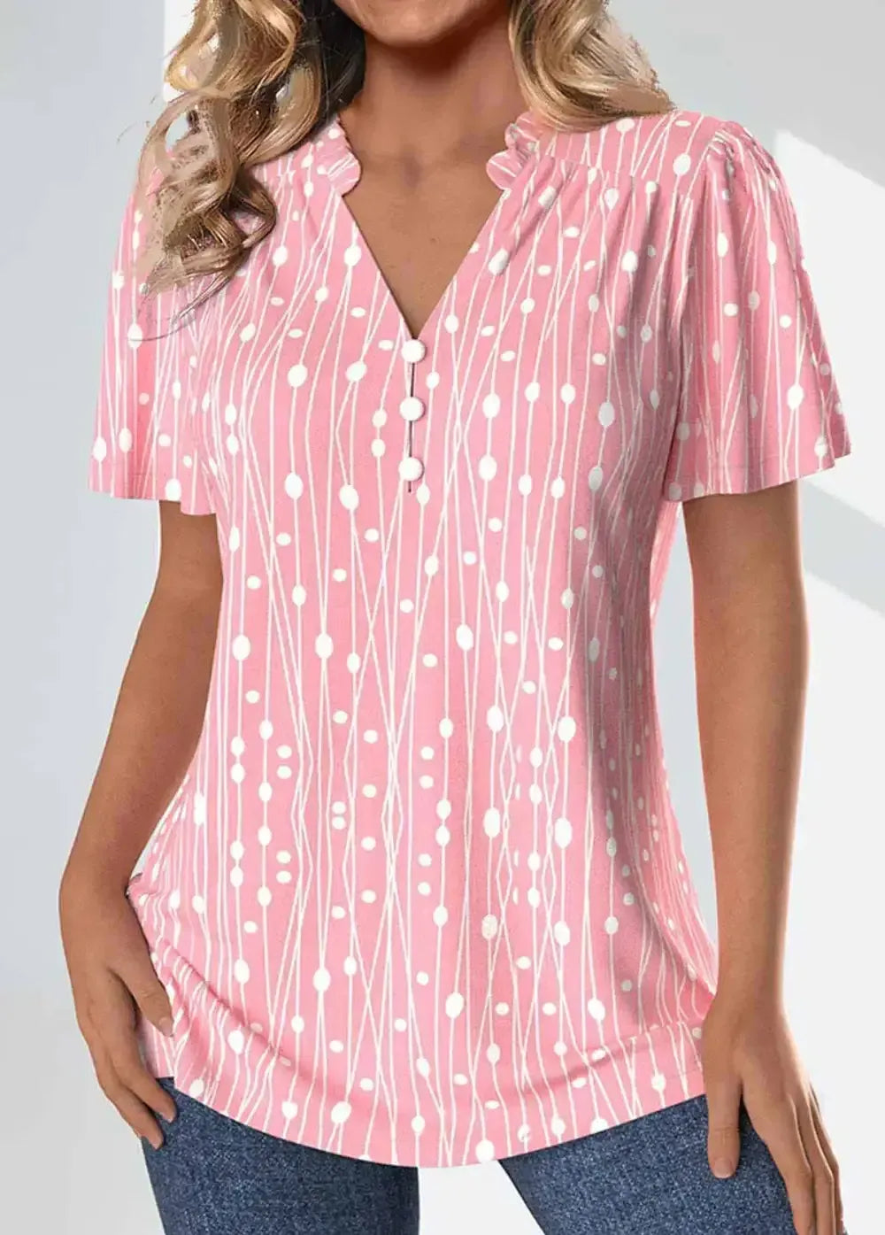 Pink Frill Geometric Print Short Sleeve Split Neck Blouse