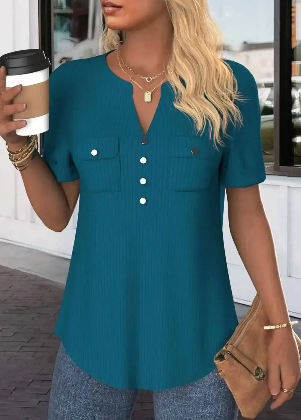 Peacock Blue Button Short Sleeve Split Neck Blouse