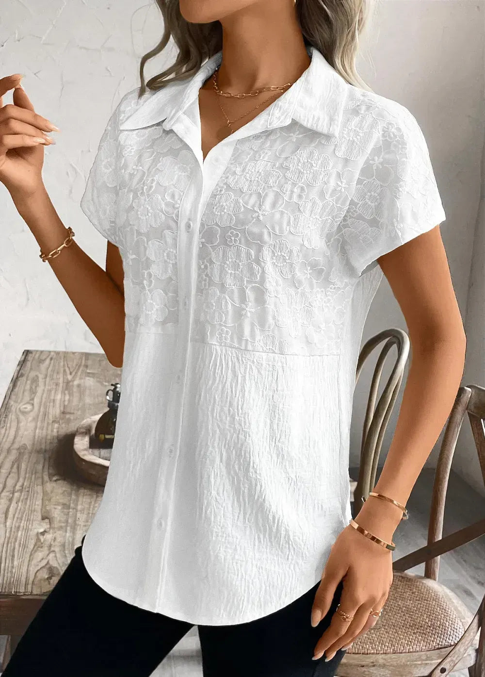 White Patchwork Short Sleeve Shirt Collar Blouse