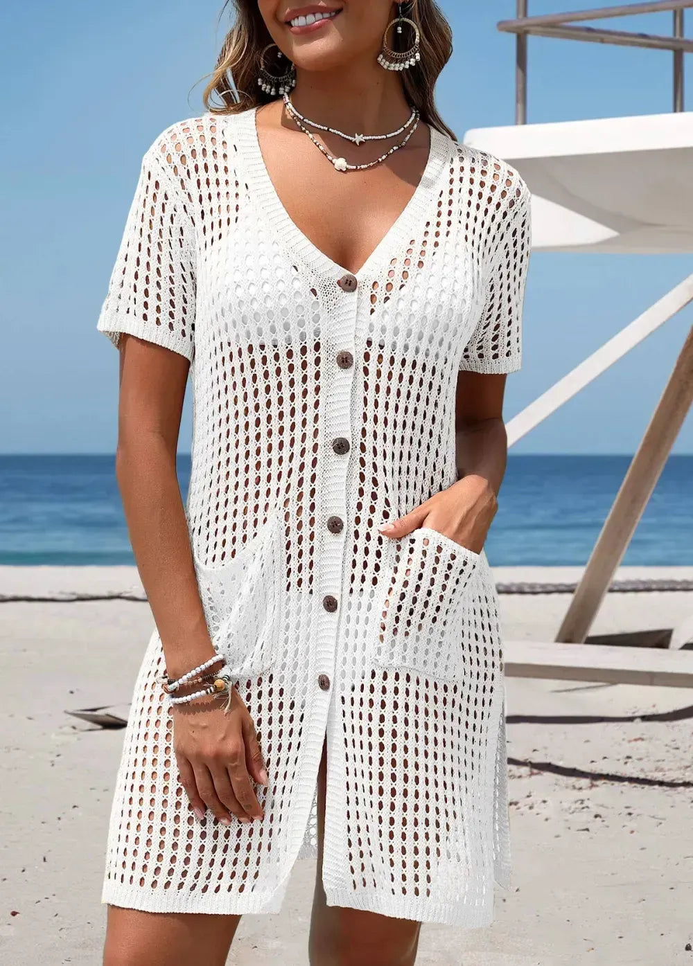 White Split V Neck Cover Up