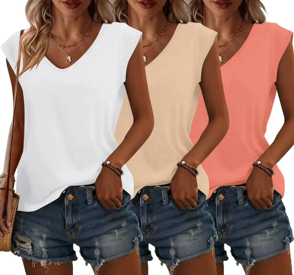 Bliwov 3 Pack Womens Cap Sleeve Tops V Neck T Shirts Spring Summer Casual Plus Size Beach Vacation Fashion Basics Tee Clothes