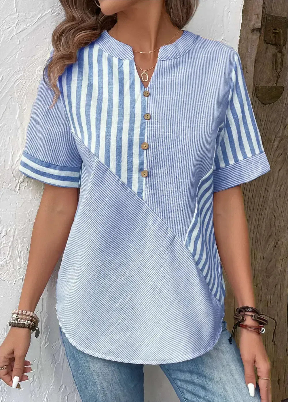 Light Blue Patchwork Striped Short Sleeve Split Neck Blouse