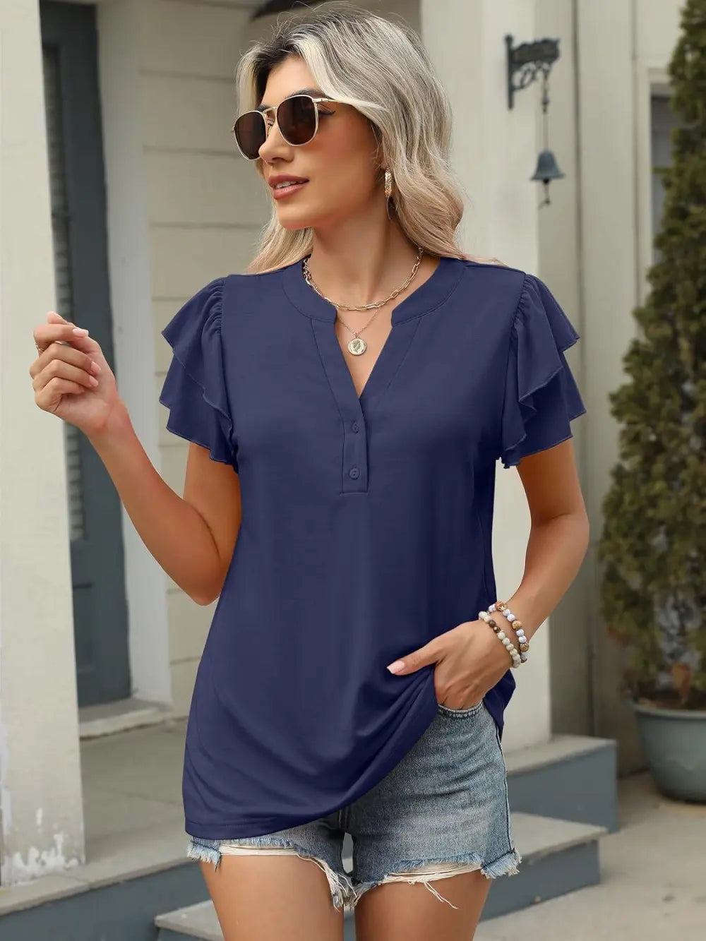 ANRABESS Womens Tops Dressy Casual Ruffle Short Sleeve V Neck Blouses Summer Button Down Business Work Elegant Shirts