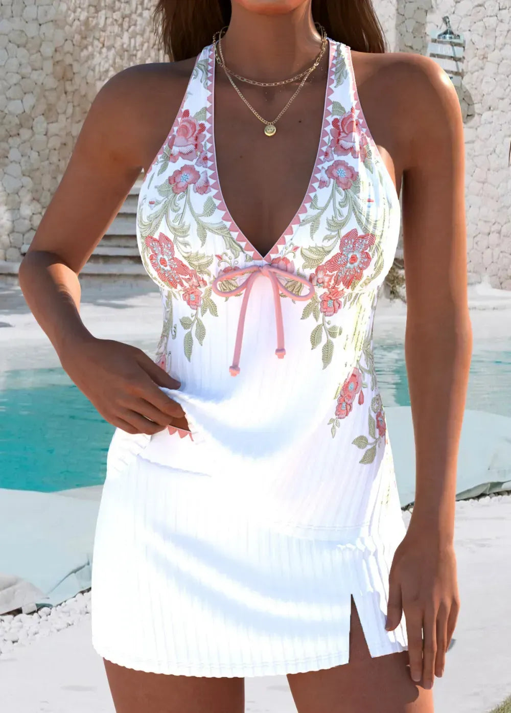 Mid Waisted Random Floral Print Pink Tankini Set