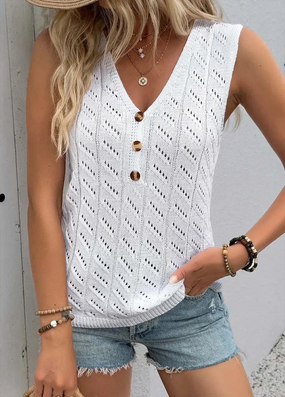White Sleeveless V Neck Tank Top