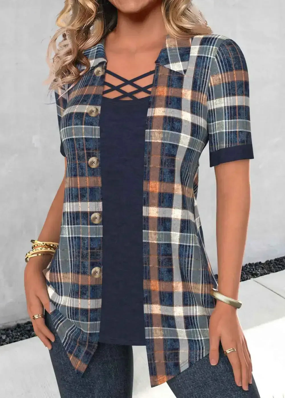 Navy Fake 2in1 Plaid Short Sleeve Shirt Collar Blouse