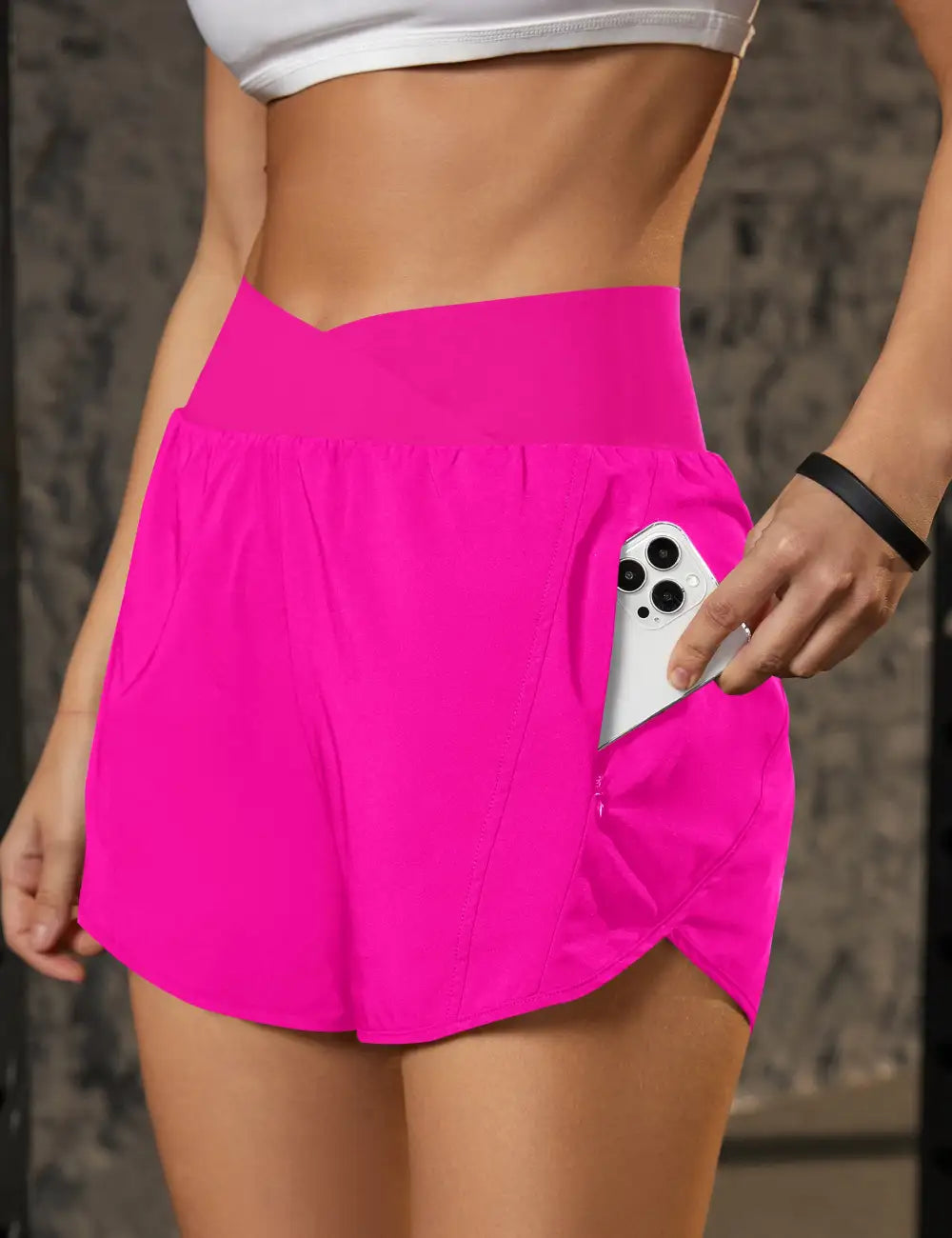 Crossover High Waisted Gym Shorts with Zipper Pockets