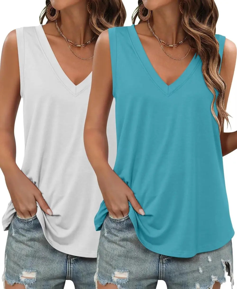 KKJ 2 Pack Womens Tank Tops Summer V Neck Sleeveless Loose Casual Blouses Beach Vacation Outfits Shirt Spring Trendy Clothes