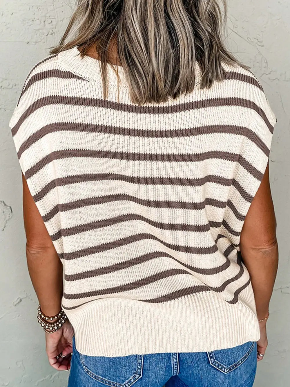 CILKOO Stripe Side Slits Crewneck Short Sleeve Sweater Tee