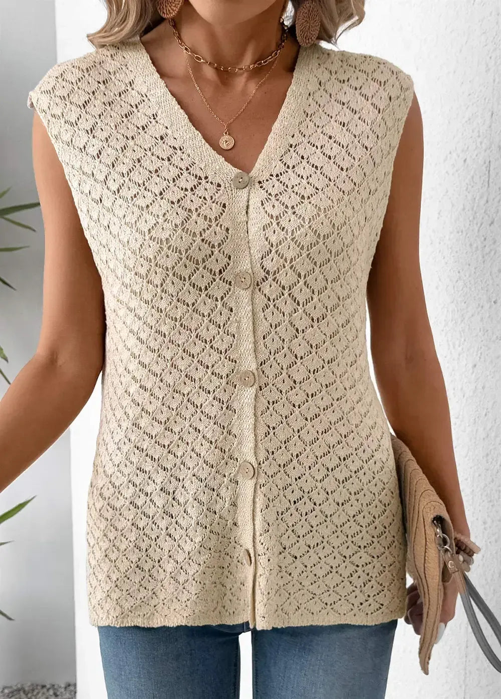 Beige Sleeveless V Neck Tank Top