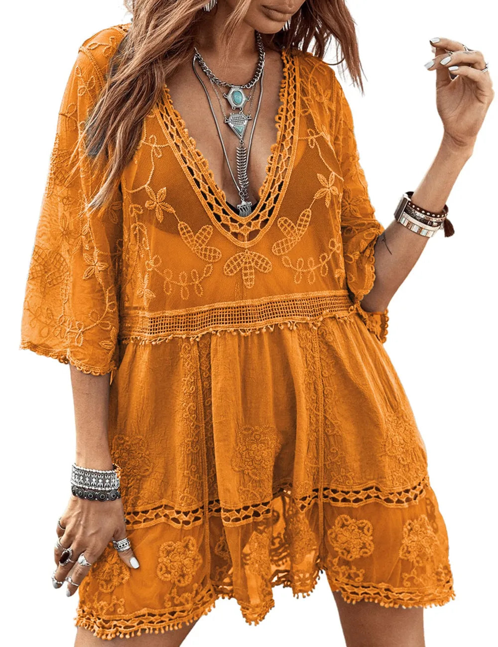 Women's Contrast Lace Bathing Suit Cover Up V-Neck Swimsuit Coverups Loose Swimwear Beach Dress Beachwear