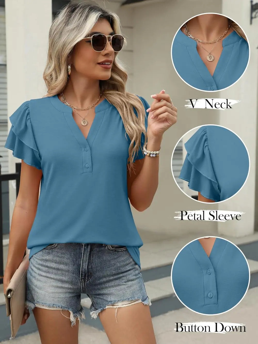 ANRABESS Womens Tops Dressy Casual Ruffle Short Sleeve V Neck Blouses Summer Button Down Business Work Elegant Shirts