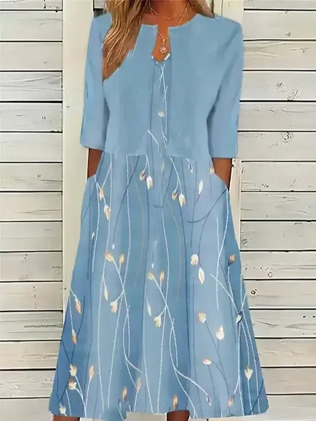 Blue Print Half Sleeve Midi Dress