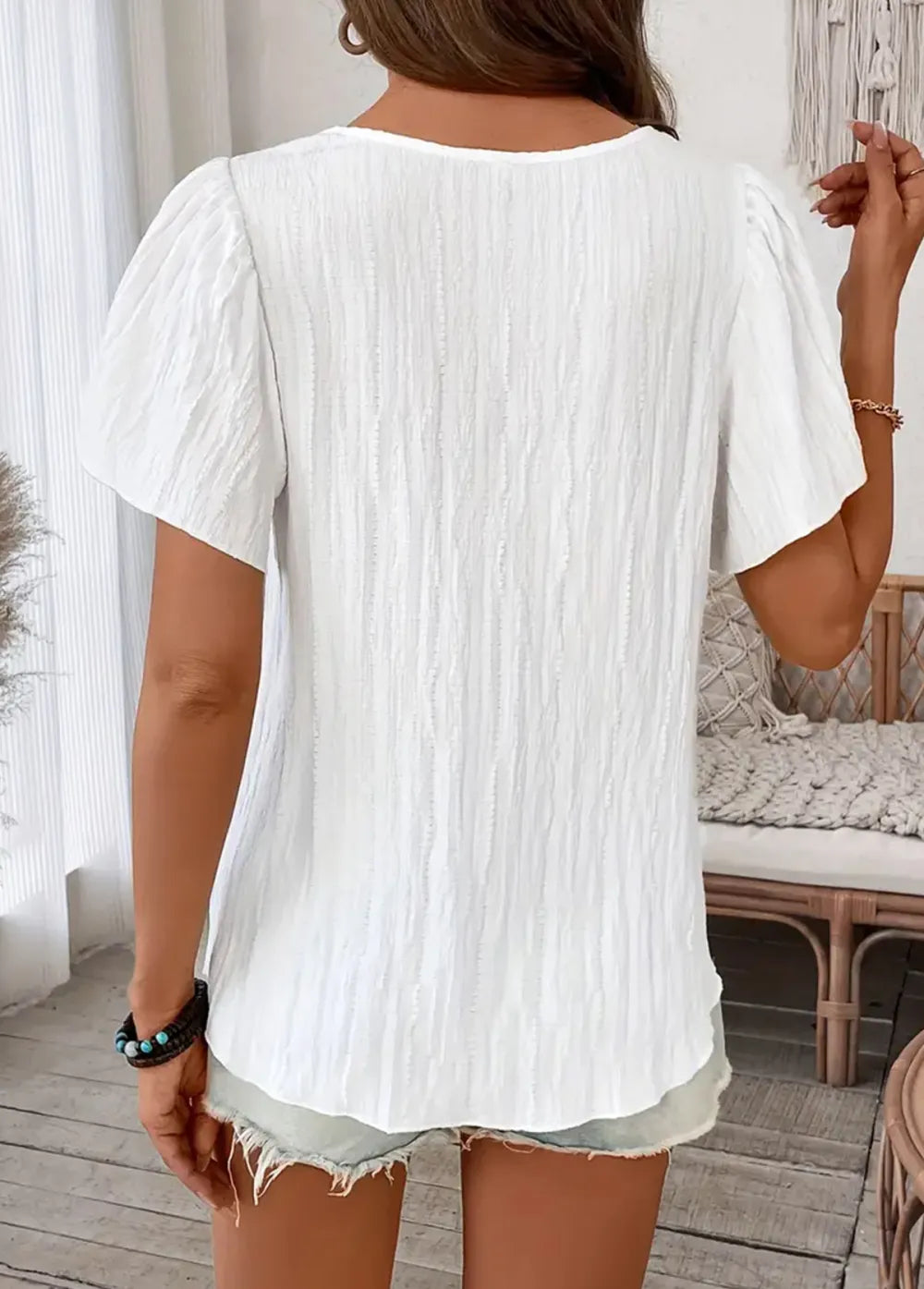 Raw White Patchwork Short Sleeve Square Neck T Shirt