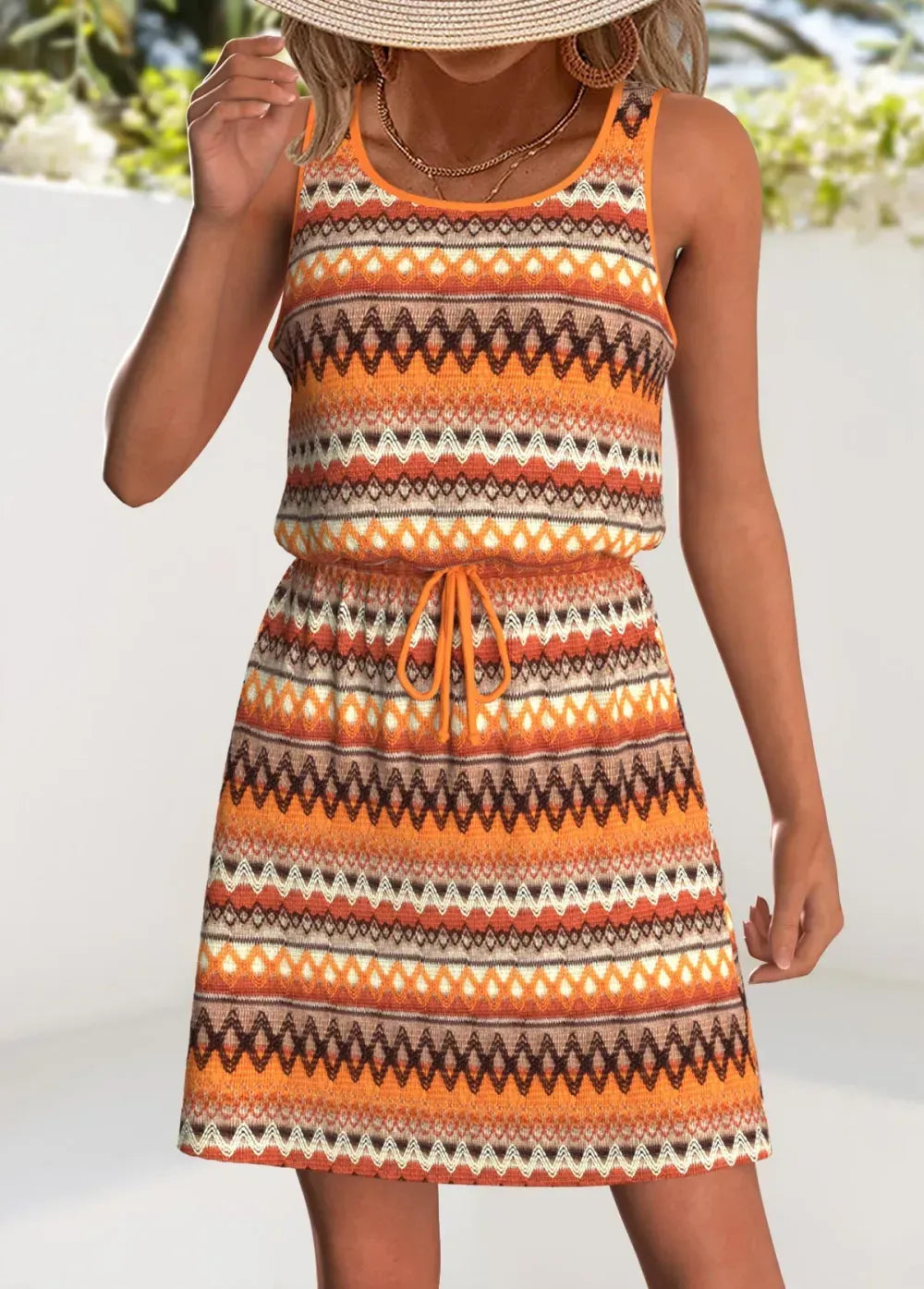 Orange Drawstring Tribal Print Short Sleeveless Scoop Neck Dress