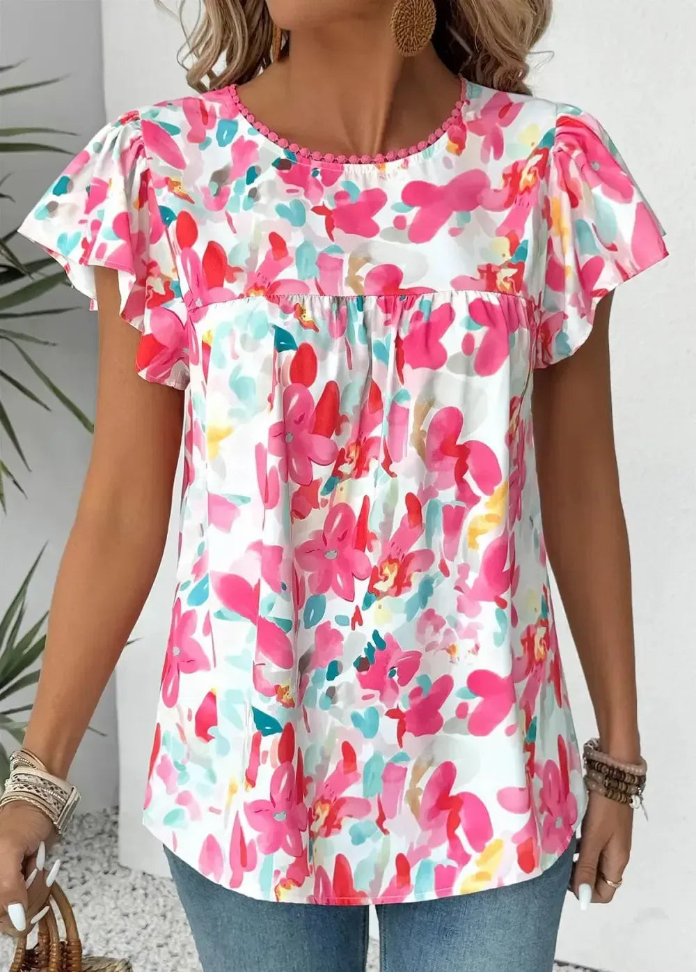 Hot Pink Floral Print Short Sleeve Round Neck Blouse
