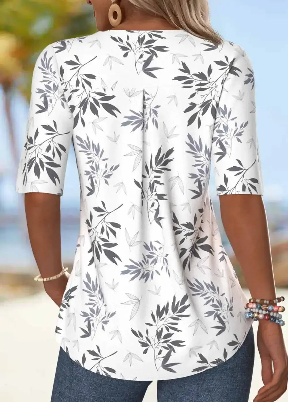 White Ruffle Leaf Print Half Sleeve V Neck Blouse