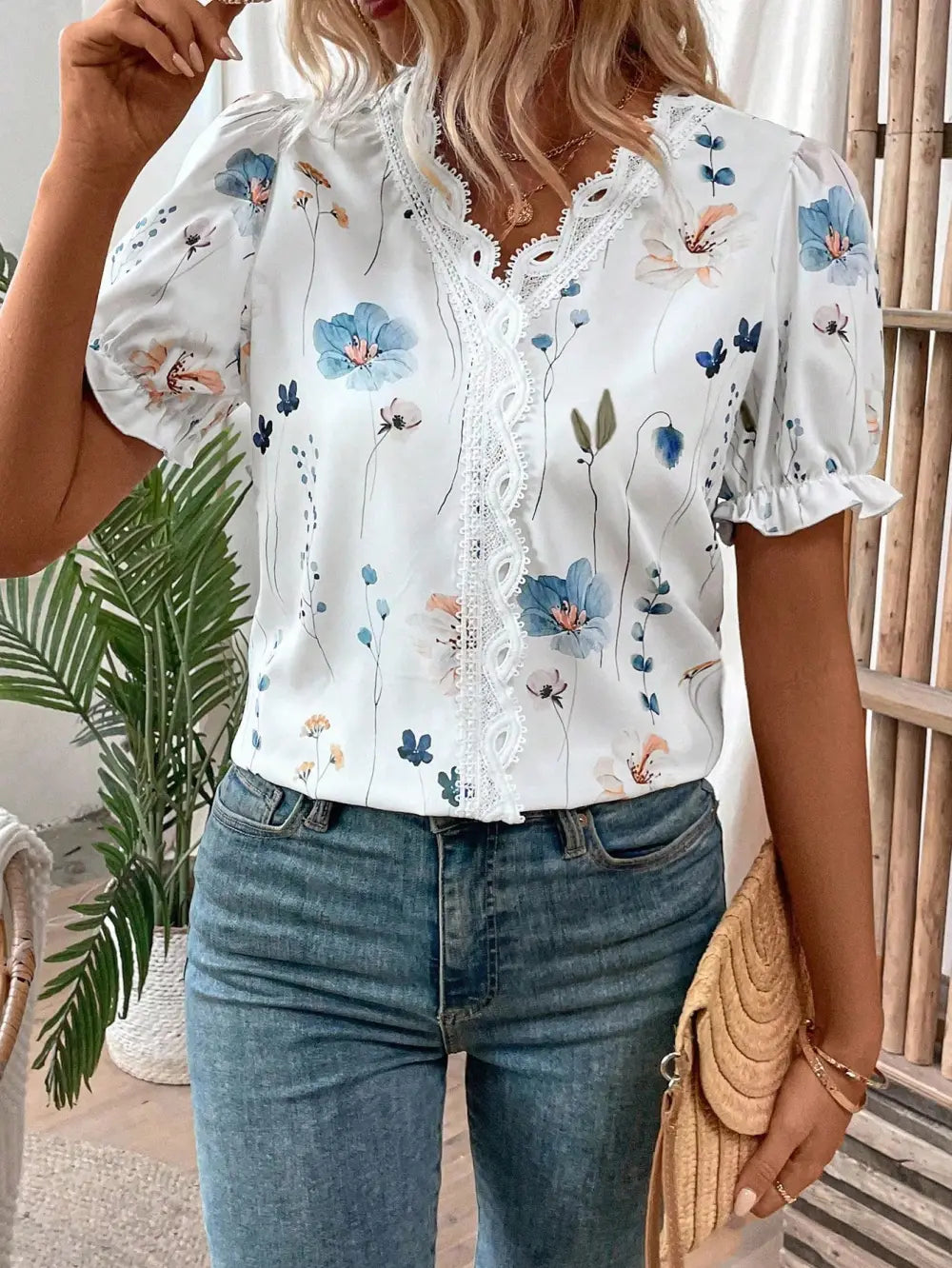 Women's Vacation Leisure Floral Print Contrast Lace Puff Sleeve Shirt,Short Sleeve Tops