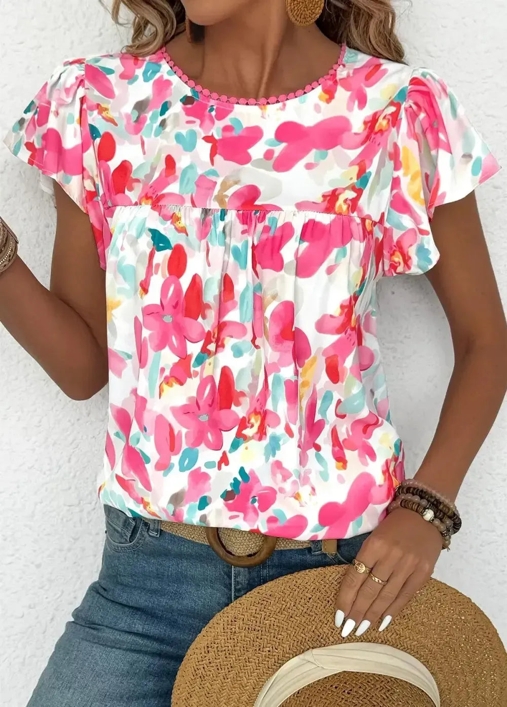 Hot Pink Floral Print Short Sleeve Round Neck Blouse
