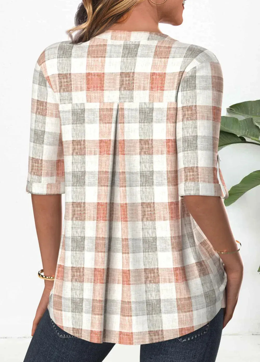 Orange Button Plaid 3/4 Sleeve Split Neck Blouse