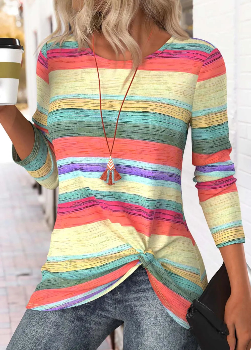 Multi Color Striped Long Sleeve Round Neck T Shirt