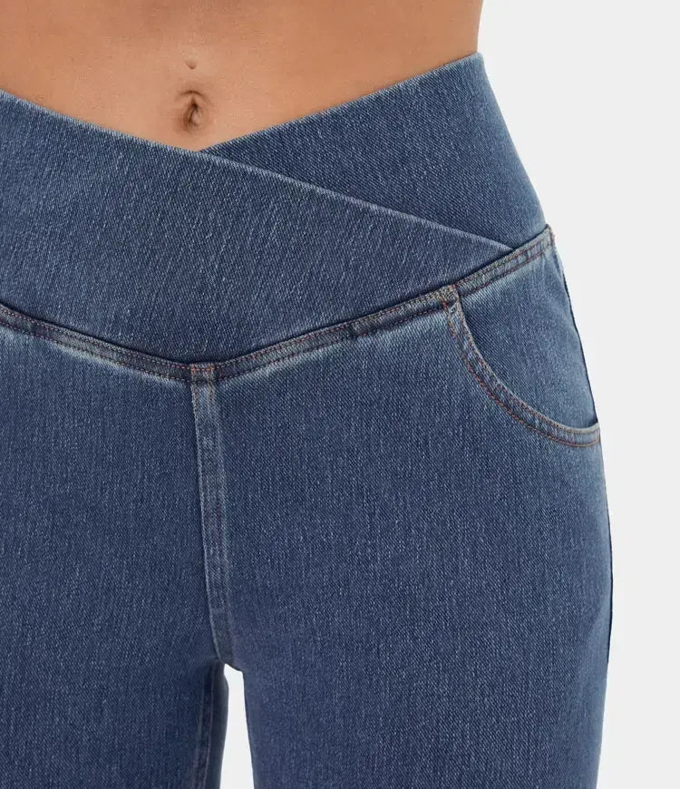 High Waisted Crossover Pocket Washed Stretchy Knit Denim Casual Super Flare Pants