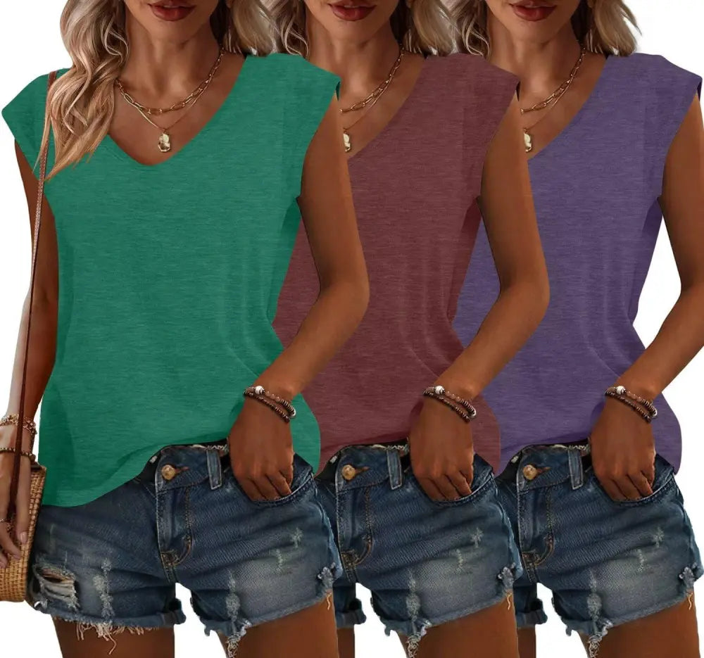 Bliwov 3 Pack Womens Cap Sleeve Tops V Neck T Shirts Spring Summer Casual Plus Size Beach Vacation Fashion Basics Tee Clothes