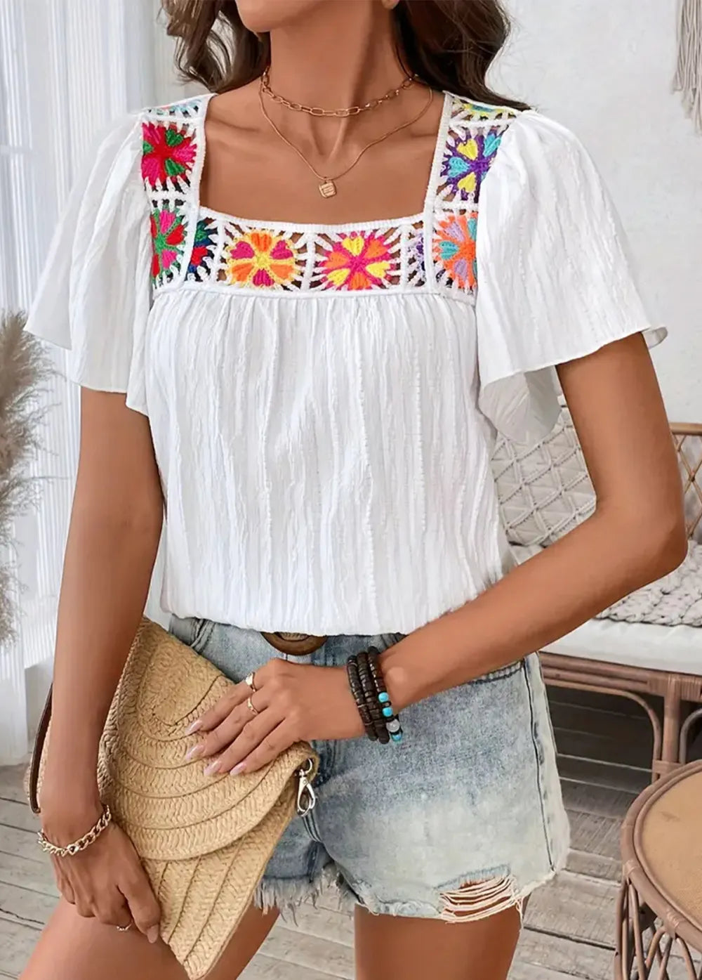 Raw White Patchwork Short Sleeve Square Neck T Shirt