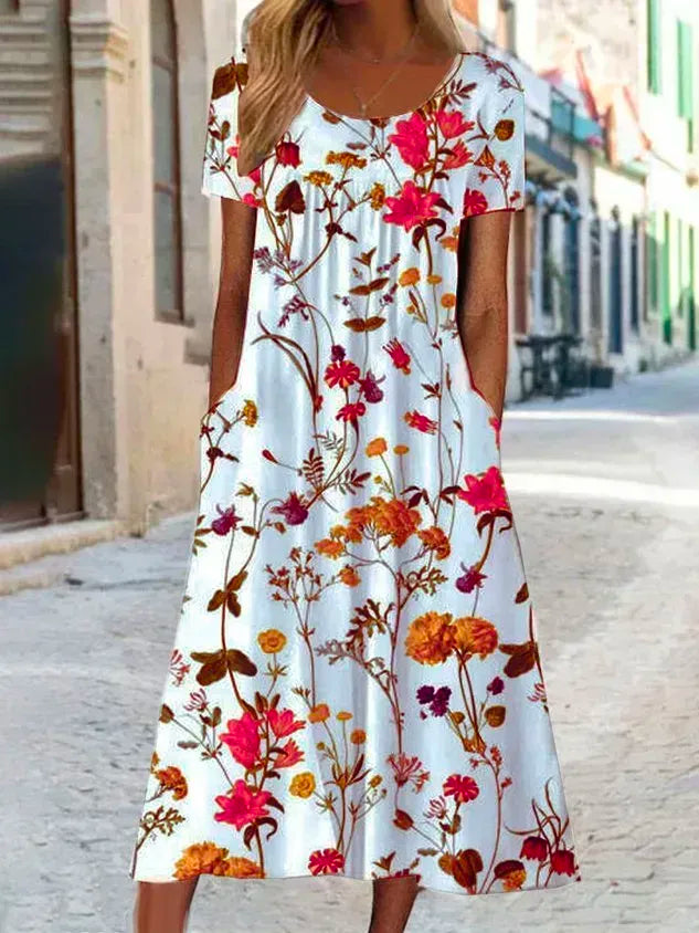 Blumenmuster Midi-Kleid Jersey Rundhals Kurzarm lässiger Stil Noracora