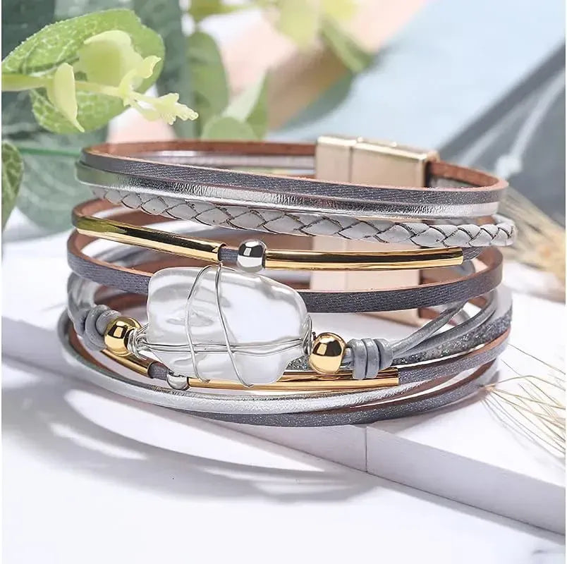 Fesciory Leather Wrap Bracelets for Women, Boho Leopard Multi-Layer Crystal Beads Cuff Bracelet Jewelry