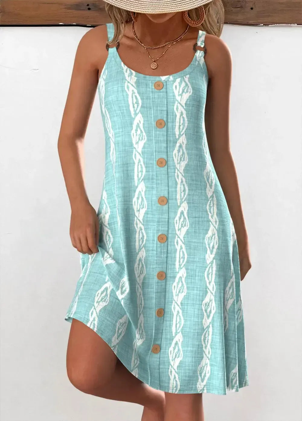 Mint Green Circular Ring Tropical Plants Print Strappy Dress