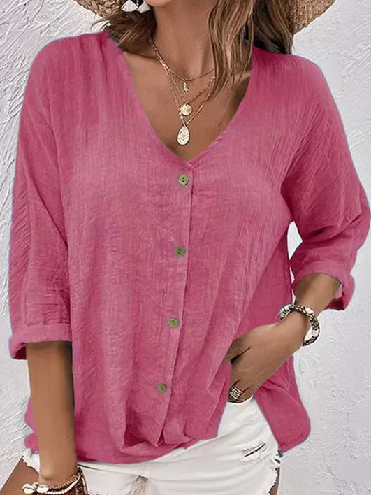 V-Neck Button-Down Solid Color Casual Top