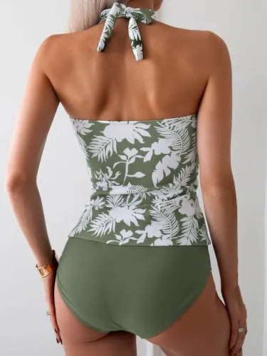Womens Halter Ruched Tummy Control Two Piece Tankini Set