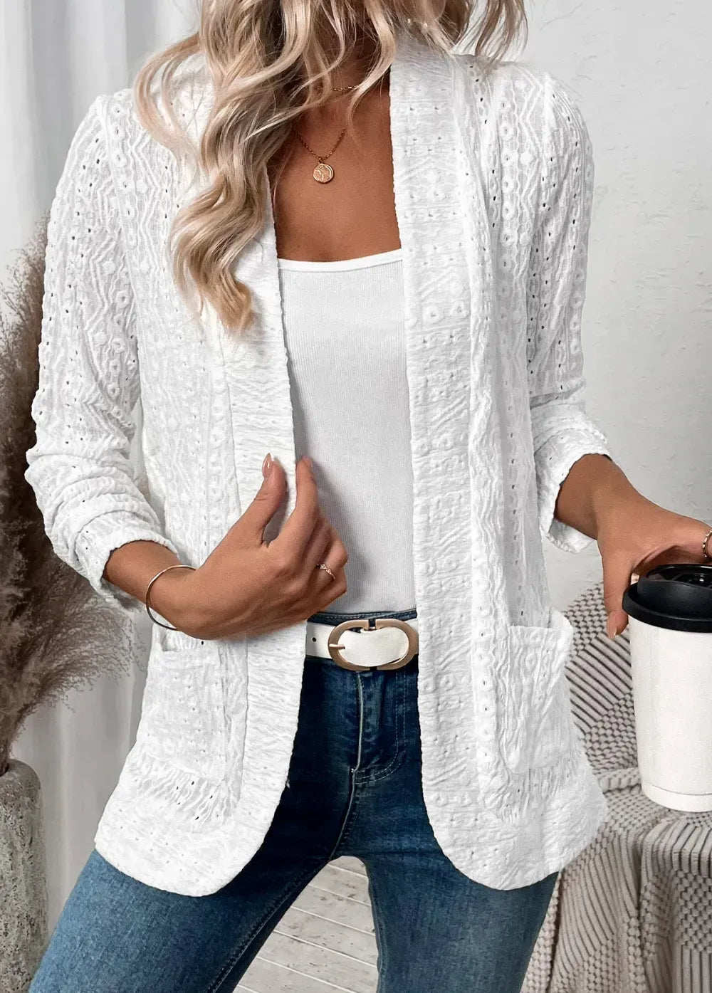 White Pocket Lace Long Sleeve Coat