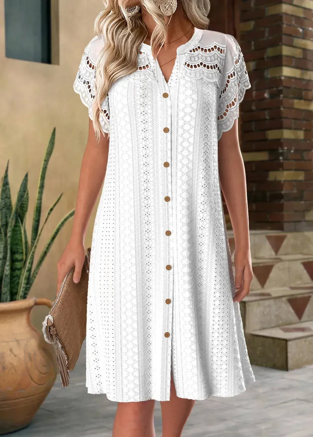 White Short Sleeve Split Neck Dress