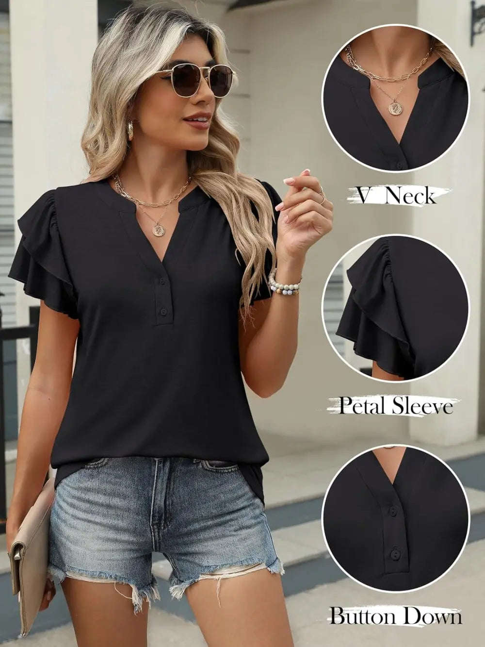 ANRABESS Womens Tops Dressy Casual Ruffle Short Sleeve V Neck Blouses Summer Button Down Business Work Elegant Shirts
