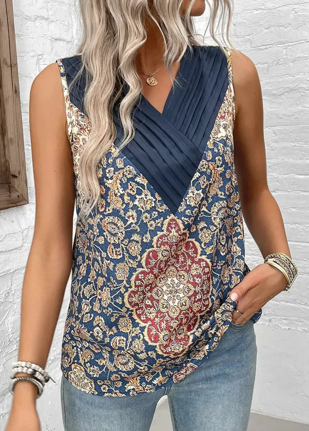 Blue Patchwork Tribal Print Sleeveless V Neck Tank Top
