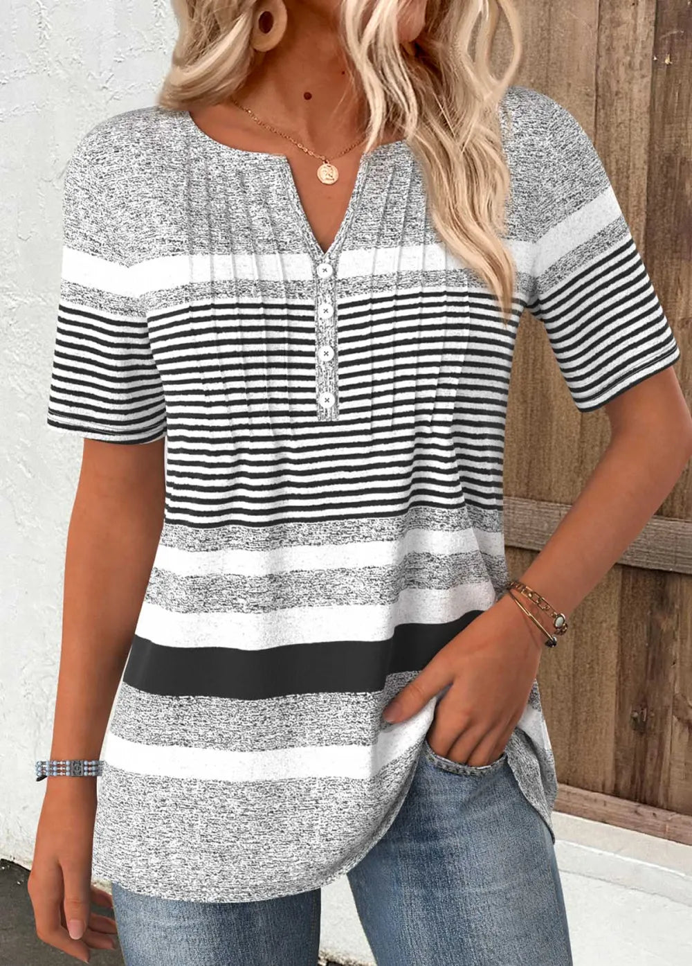 Light Grey Marl Striped Short Sleeve T Shirt