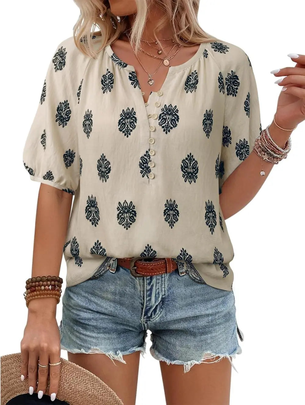 Unixseque Womens Summer Tops V Neck Short Sleeve Blouses Casual Button Down Shirts Floral Boho Clothing Trendy 2025