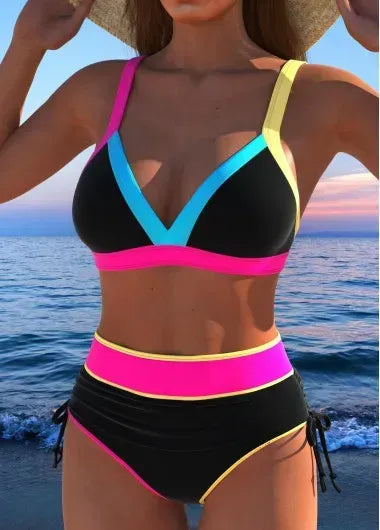 Contrast Binding High Waisted Black Bikini Set