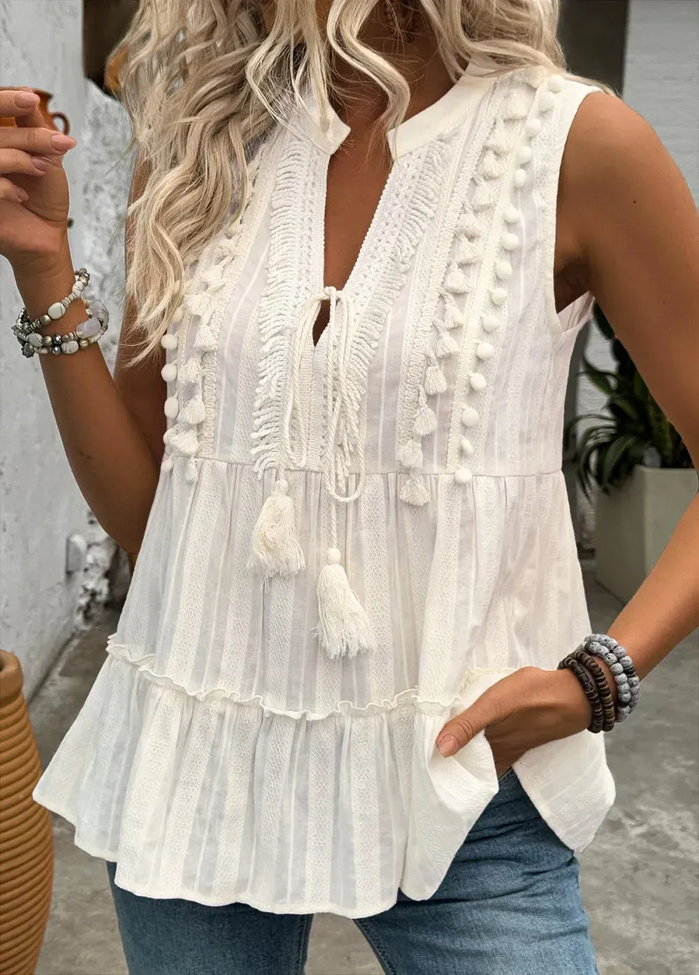 Beige Sleeveless V Neck Tank Top