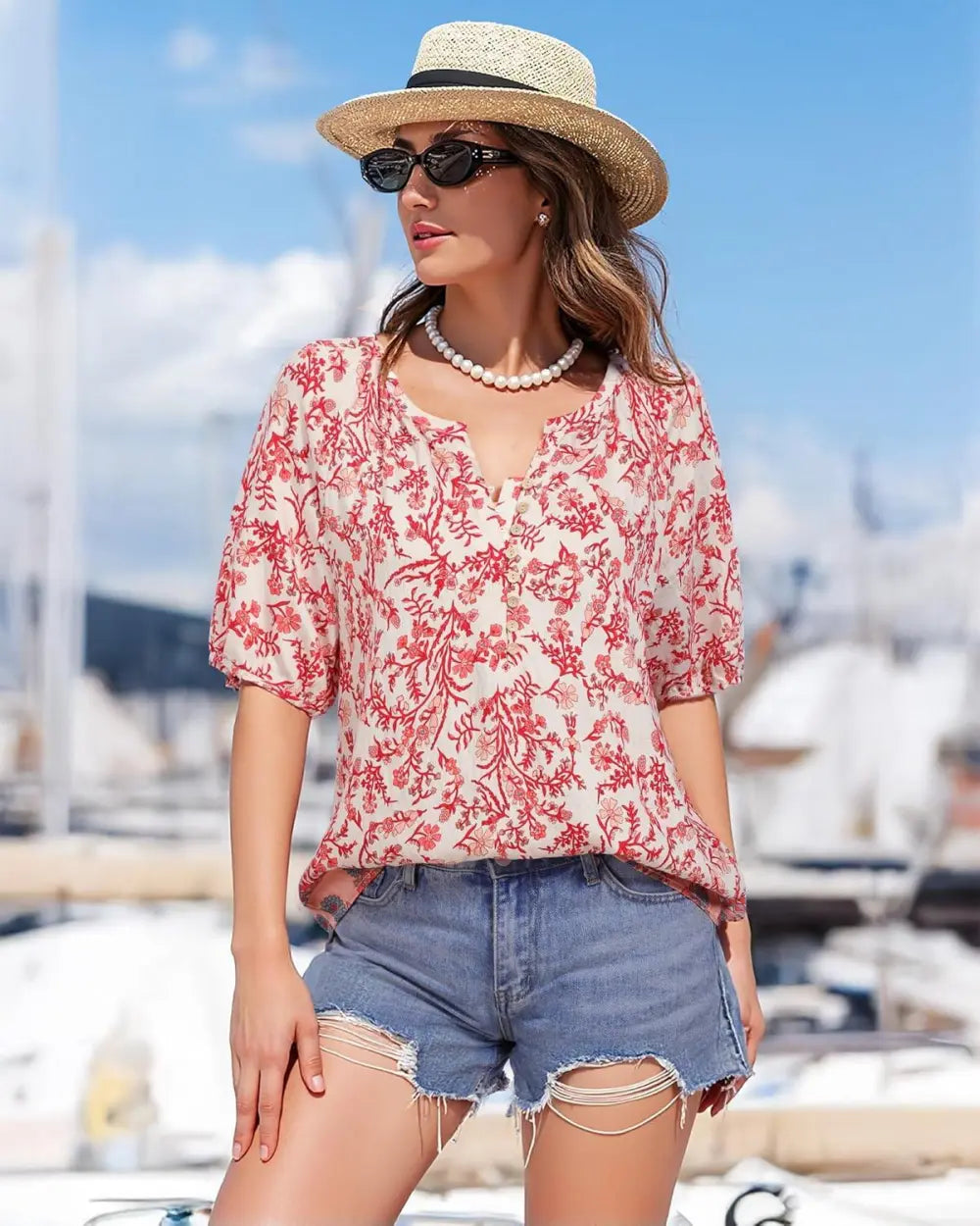 Unixseque Womens Summer Tops V Neck Short Sleeve Blouses Casual Button Down Shirts Floral Boho Clothing Trendy 2025