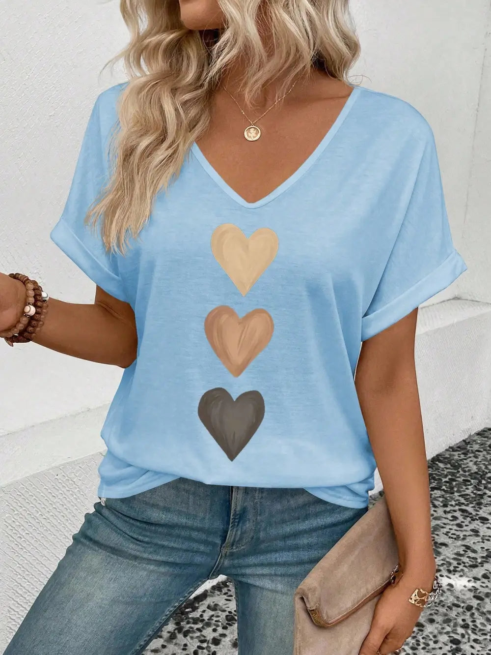 Women's V-Neck Ruffle Sleeve Ombre Heart Print Casual T-Shirt, Versatile For Spring & Summer