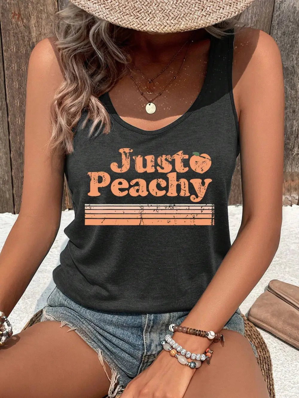 INAWLY Women Colorful Printed Sleeveless Tank Top With Words Just Peachy Graphic Tees Women Tops